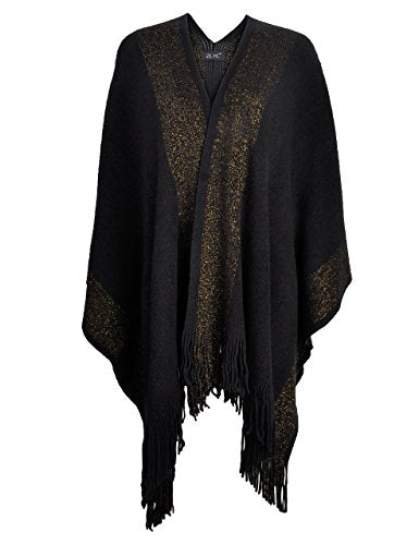 ZLYC Women's Shawl Golden Trim Knit Blanket Wrap Fringe Poncho Coat Cardigan (Space Dyed Khaki)