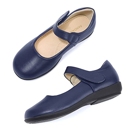 PANDANINJIA Girls Mary Jane School Uniform Shoes Dress Sandy Girls Flats for Toddler Little Kid Big Kid (Black Pu, 5 M US Big Kid)