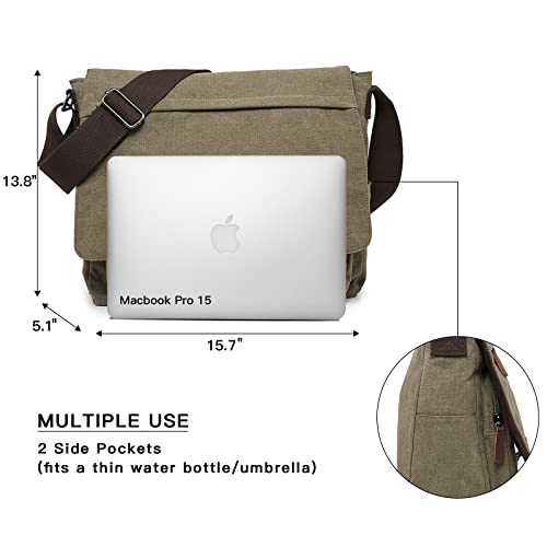 Dasein Large Vintage Canvas Messenger Shoulder Bag, Army Green, 15in Laptop Capacity
