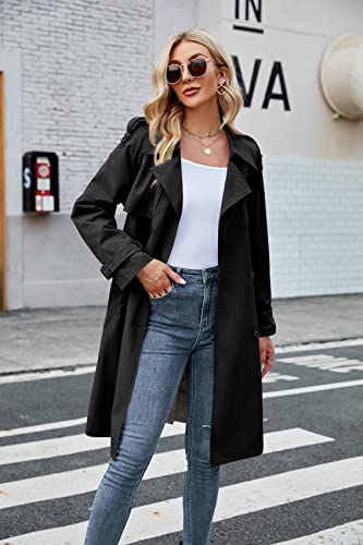 Makkrom Women's Double Breasted Long Trench Coat Windproof Classic Lapel Slim Overcoat with Belt