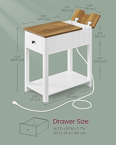 VASAGLE Side Table with Charging Station, End Table with USB Ports and Outlets, Nightstand with Storage, for Living Room, Bedroom, Modern Farmhouse Style, Rustic Walnut and White ULET318T14V1