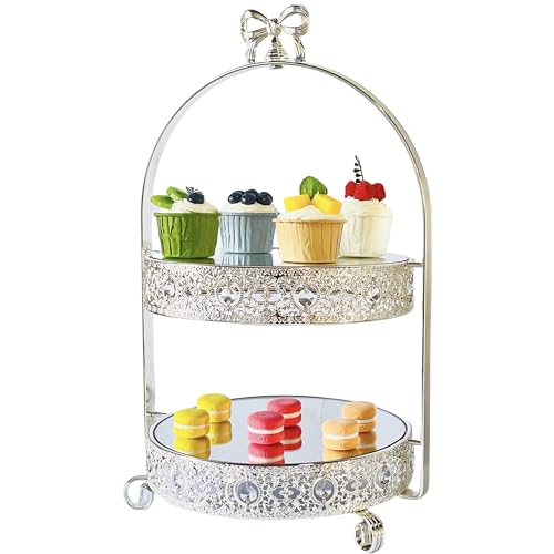 Quegroot Silver 2 Tier Crystal & Metal Cake Stand, Round, 20 x 11 x 10 inches, 6.5 lbs Capacity, Dessert Tray for Party, Baby Shower, Wedding Decor