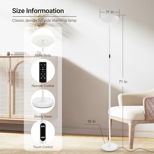 BoostArea Dimmable Floor Lamp,30W 3000LM Super Bright LED Torchiere Standing Lamp with Remote & Touch Control,71 in Tall Pole Sky Modern Floor Lamps for Living Room Bedroom Office,2700k-6500k,White