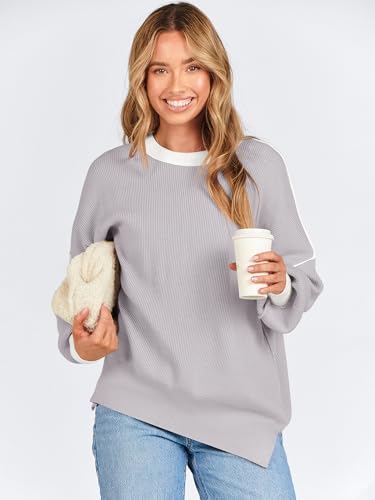 ANRABESS Womens Oversized Sweaters Fall 2025 Fashion Crewneck Batwing Long Sleeve Side Slit Knit Pullover Sweater Tops Wave Brown-M