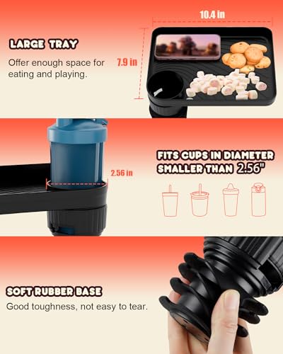 SEVEN SPARTA Car Seat Tray for Kids Toddler Travel with Soft Rubber Base, Rotatable and Removable Cup Holder Snack Tray for Food Color and Play for Family Road Trip Essentials (1, Large Base)