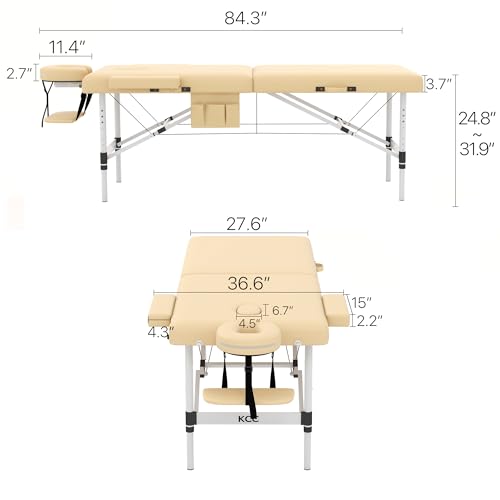 KCC Memory Foam Portable Massage Table, Foldable Tattoo Table Lash Bed Height Adjustable,28 Inchs Wide Home Salon Spa Bed Accessories &Carrying Case,Easy Set Up,Lightweight Aluminium Leg,Beige