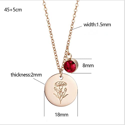 LEFTLY Birth Flower Necklace, Rose Gold Floral Pendant Necklaces, Dainty Birth Month Flower Disc Charm Hand Stamped Flower Disk Necklace