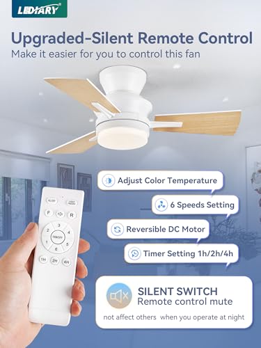 LEDIARY 42 inch Ceiling Fans with Lights and Remote Control,Flush Mount Ceiling Fan with Quiet Reversible DC Motor,Black Modern Low Profile Ceiling Fan with Light for Bedroom Living Room Patio