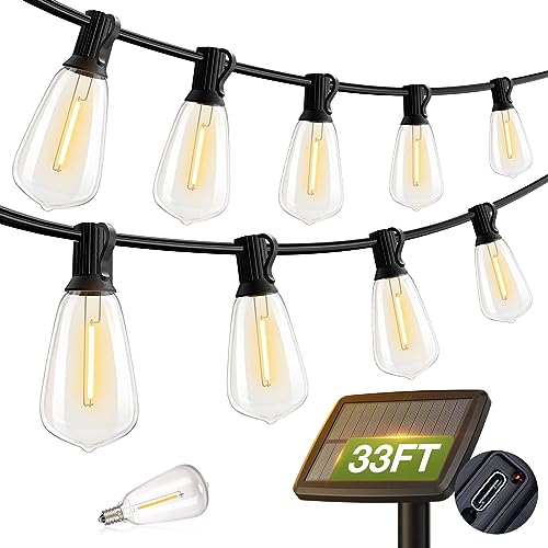 addlon 33(27+6) FT Solar String Lights Waterproof,Patio Lights Solar Powered with Remote& USB Port 12+1 LED Shatterproof Bulbs 3 Lighting Modes Outdoor Lights for Camping Backyard Garden