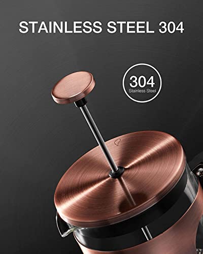 BAYKA 21 Ounce 0.6 Liter French Press Coffee Tea Maker Small, Heat Resistant Thickened Borosilicate Glass Stainless Steel Coffee Press Single Serve, Cold Brew Coffee Pot Tea Press, Copper