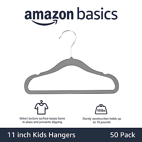 Amazon Basics Kids Velvet, Non-Slip Clothes Hangers for Infant and Toddler, 11.6 Inches (for baby clothes), Pack of 50, Gray