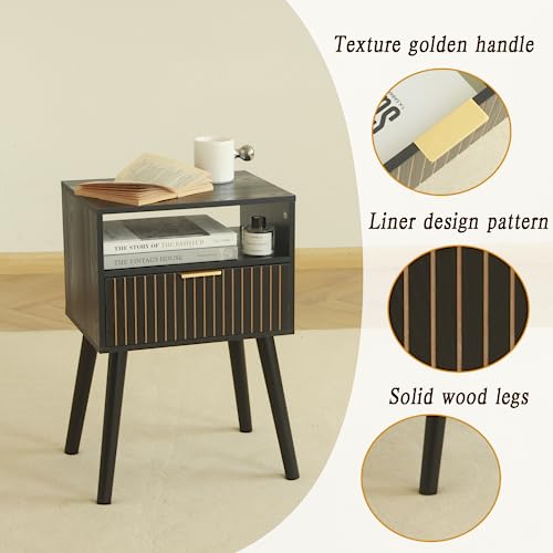 MaxSmeo Black Nightstand with Drawer, Mid Century Modern Bedside Table with Open Shelf Storage, End Table with Solid Wood Legs, Black