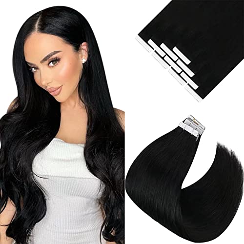 Ve Sunny Tape in Hair Extensions Black Tape in Real Human Hair Extensions #1 Jet Black Tape ins Extensions Human Hair for Girls Black Hair Extensions Silky Straight 20pcs 50g 14inch
