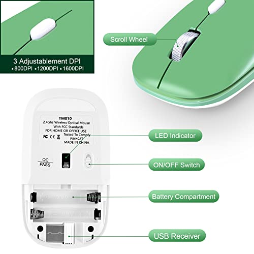 PINKCAT Wireless Mouse, 2.4G Slim Silent Cordless Mouse with USB Receiver, 3 Adjustable DPI Portable Optical Wireless Computer Mice for Laptop, PC, Notebook, Computer, Desktop, Mac (Green)