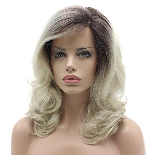 Lushy Hair 16inch Wavy Dark Root Light Blonde Ombre Heat Resistant Heavy Density Realistic Synthetic Lace Front Stylish Wigs