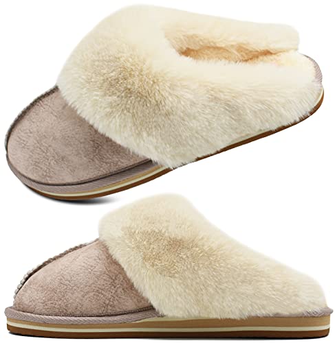 KuaiLu Womens Slippers, Fluff Dual Memory Foam Slippers Ladies Cozy Arch Support Warm Scuff Slippers Slip on Comfy Winter House Shoes with Non-Slip Indoor Outdoor Hard Sole New-Beige 6