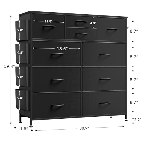 Lulive Dresser for Bedroom with 10 Drawers, Chest of Drawers with Side Pockets and Hooks, PU Storage Dresser, Organizer Unit for Living Room, Hallway, Closet (Black)