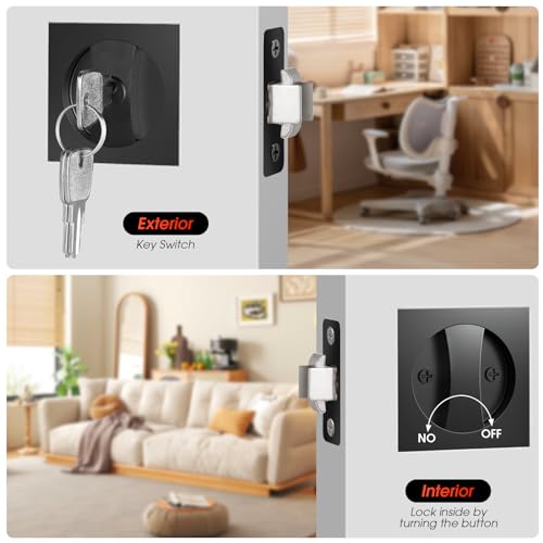 Aglehome Square Door Hardware - Sliding Pocket Door Lock with Key, Flush Latch for Bed/Bath, Matte Black, 2-3/8" Backset