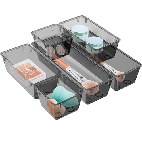 WOWBOX 6 Pack Clear Drawer Organizer Set, Acrylic Drawer Storage Trays, Storage Bins for Makeup, Cosmetics, Jewelries, Utensils, Gadgets, Office, Black