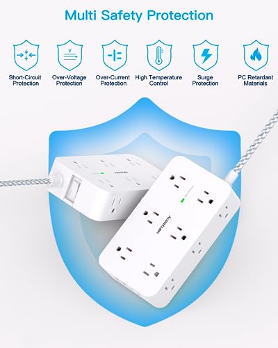 Power Strip Surge Protector, 12 Multiplie Outlets 4 USB Ports (2USB C), 5Ft Braided Extension Cord Flat Plug, Overload Surge Protection, Wall Mount, Desk for Office Home College Dorm Room Essentials