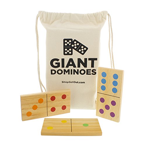 Get Out! Giant Wooden Dominoes 28-Piece Set with Bag – Jumbo Natural Wood & Colored Numbers – Kids Adults Outdoor Games