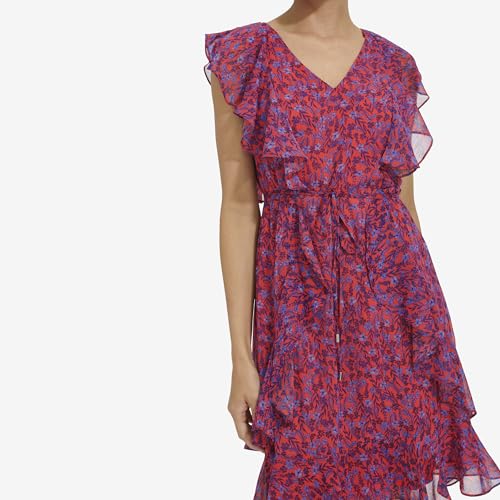 Tommy Hilfiger Fit and Flare Dress - Dress for Women - Fit-and-Flare Silhouette - Allover Ditsy Floral Print Guava/Amparo Blue 2 One Size