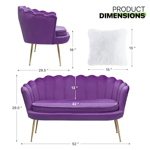 Magshion Purple Velvet Couch Tufted Loveseat with 2 Pillows, Velvet Love Seat Accent Chair, Modern Scalloped Back Upholestered Armchair with Metal Legs, Cushion Padded Sofa