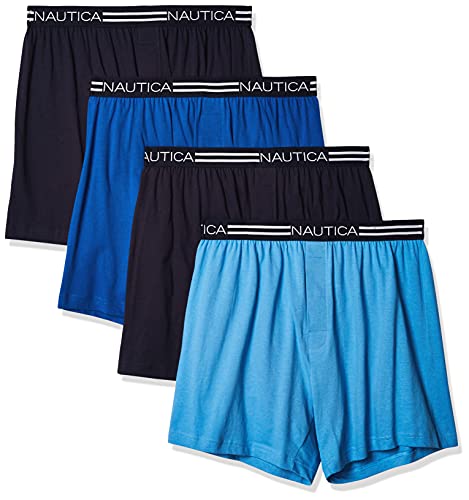 Nautica mens Classic Cotton Loose Knit Boxer Shorts, Peacoat/Aero Blue/Sea Cobalt- 4 Pack, Small US