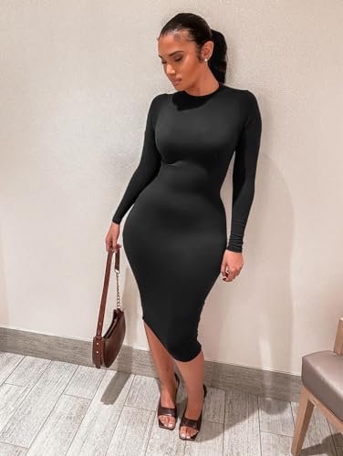 XXTAXN Women's Sexy Bodycon Long Sleeve Round Neck Work Office Midi Pencil Dress Black