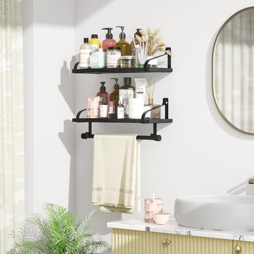Love-KANKEI Floating Shelves for Coffee Bar,Bathroom Shelves with Towel Bar, Wall Shelves with 8 Hooks for Kitchen, Storage Shelf Set of 2 for Bedroom,Living Room,17.3 Inch Black