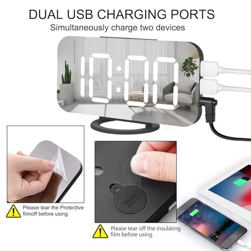 Miowachi Digital Alarm Clock,Large Mirrored LED Clock,Snooze,Dim Night Light 2 USB Charger Ports Desk Alarm Clocks for Bedroom Decor (Black)