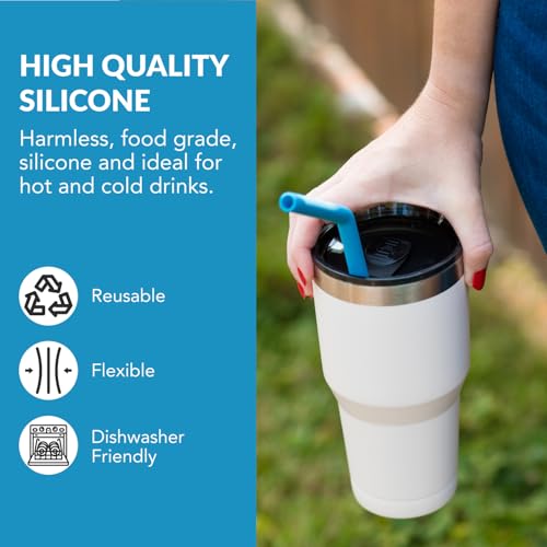 Flathead Products Bent Silicone Straws Reusable and Cleaning Brush - Flexible, Long Bendy Straws for 20 ounce-32 Ounce Tumblers & 30 Ounce Smoothie Cups - Dishwasher Safe & Easy to Clean (Set of 10)