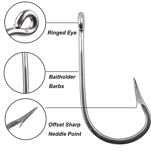 Saltwater Fishing Hooks Southern Tuna Hooks, 15pcs Big Game Hooks Trolling Hooks Stainless Steel Fishing Hooks Forged Extra 6X Strong Circle Hooks Ultra Sharp Knife Point Hooks