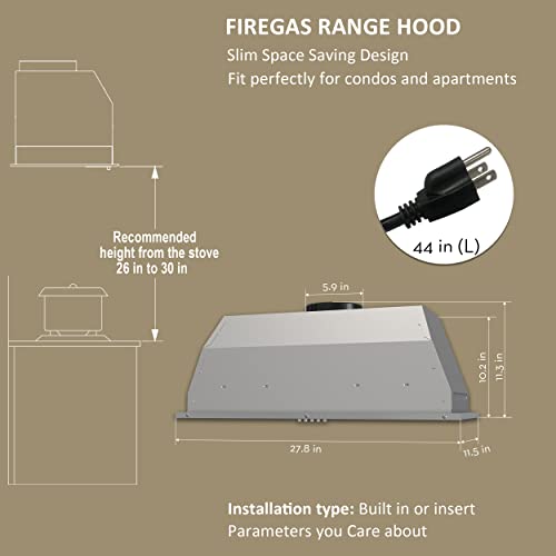 FIREGAS Range Hood Insert 30 inch 600 CFM, Ducted/Ductless Convertible Kitchen Stove Hood with LED Light, Built-in Vent Hood with 3 Speed Exhaust Fan, Baffle Filters, Range Hoods with Carbon Filters