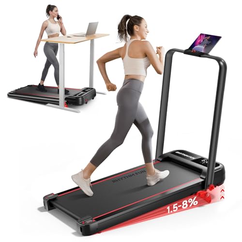 RHYTHM FUN Walking Pad Treadmill with Incline, 8% Incline Walking Treadmill, 300 lbs Foldable Treadmills with Handles for Home Office Use, Under Desk Compact Walking Pad