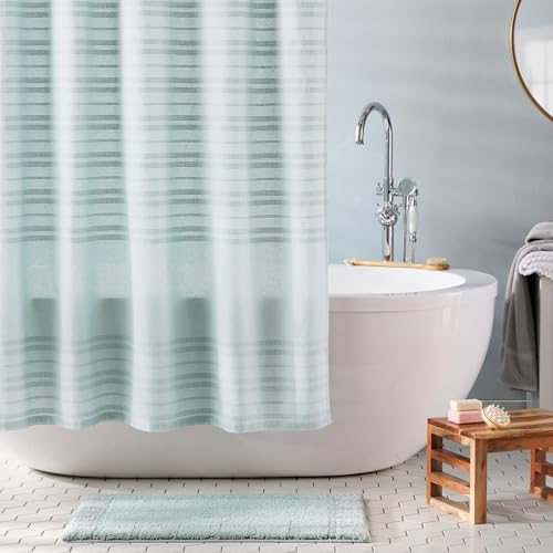 TOWN & COUNTRY EVERYDAY Sophia Textured Solid Cotton-Rich Breathable Fabric Shower Curtain with Reinforced Buttonhole Top Hem, Aqua Blue, 70"x72"