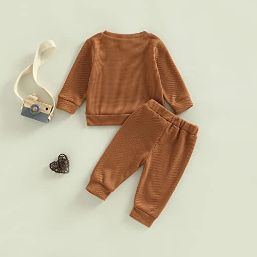 Toddler Baby Girl Boy Fall Winter Waffle Outfit Set Letter Printed Long Sleeve Sweatshirt Tops + Pants (Merry and Bright, 12-18 Months)