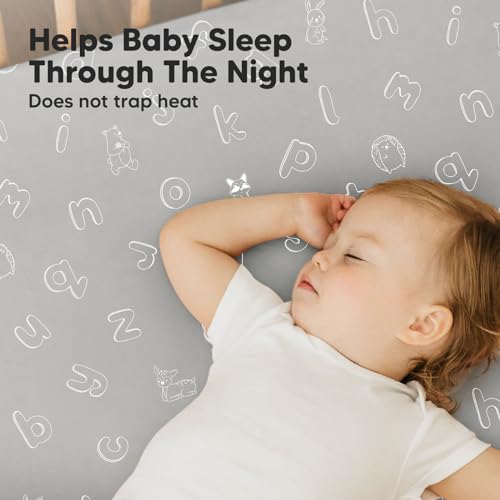 Pack and Play Sheets Fitted, 2-Pack Mini Crib Sheets - Pack N Play Sheets, Organic Fitted Crib Sheet for Pack and Play Mattress, Playard Baby Crib Sheets, Crib Sheets Neutral for Boys, Girls (Abc Land))