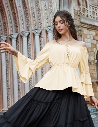 Womens Summer Tops Dressy Casual Bell Sleeve Renaissance Pirate Shirt Hide Tummy Peplum Blouse Apricot S