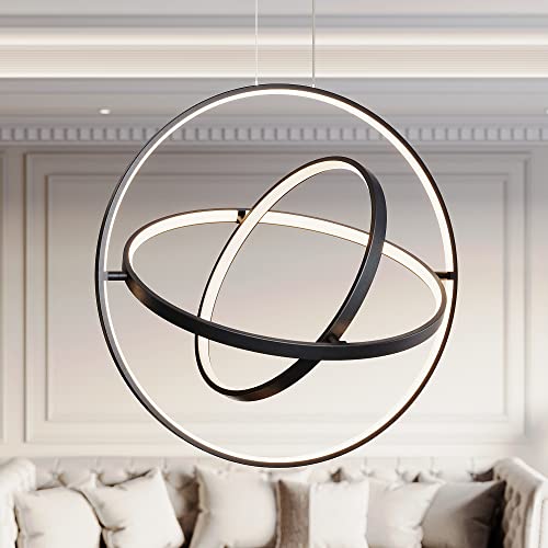 Fang Yan Mei Modern Black Chandelier Round Chandeliers LED Pendant Light,Contemporary Chandelier Hanging Light Dimmable for Dinning Room,Kitchen,Bedroom,Living Room 68W 3000-6000k 3rings