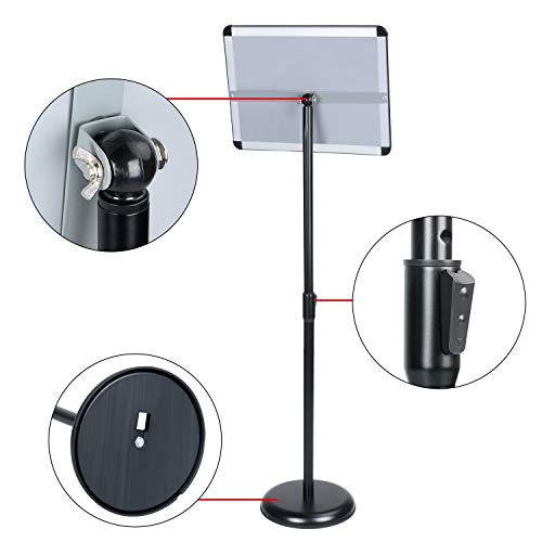 AkTop Adjustable Poster Sign Stand, 11 X 17 Inch Heavy Duty Pedestal Floor Standing Sign Holder, Black Snap-Open Aluminum Frame with Safety Rounded Corner
