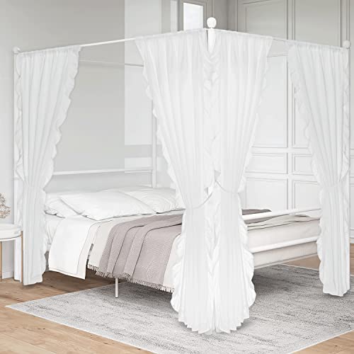 KGORGE White Linen Curtains for Living Room, Linen Blended Sheer Curtain with Shabby Chic Ruffle Trim, Farmhouse Window Curtains & Drapes for Kitchen Bedroom Bathroom, W52 x L84 inch, 2 Panels