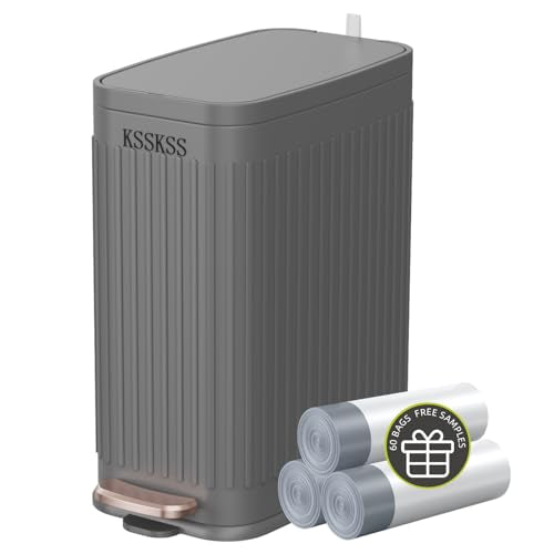 KSSKSS Small Bathroom Trash Can with Charcoal Filters Soft Close Lid, 6L / 1.6 Gallon Stainless Steel Garbage Can with Removable Inner Bucket, Foot Pedal Slim Trash Can for Bedroom, Home (Matt Black)