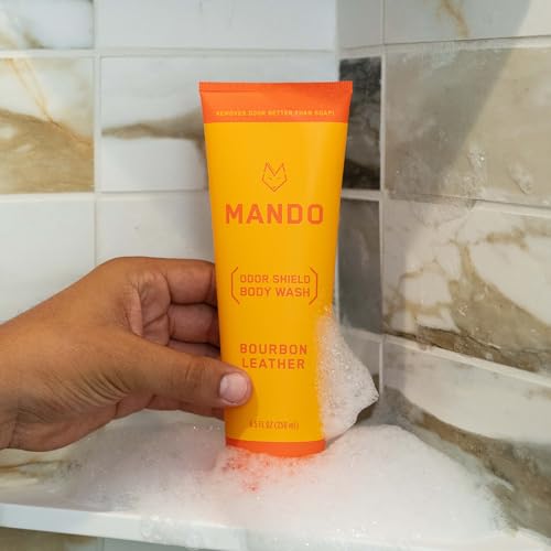 Mando Smooth Solid Stick (2.6 Ounce) + Acidified Body Wash (8.5 Ounce) - Clinically Proven to Block Odor All Day - Whole Body Safe For Pits, Packages + Feet (Bourbon Leather)