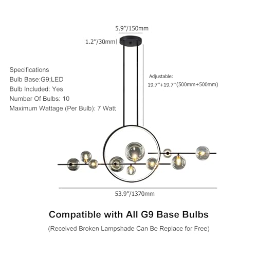 BULUXE Modern Island Lights for Kitchen,10-Light Pendant Lights Kitchen Island Lighting with Glass Globe Shade Sputnik Light Fixture Linear Chandeliers for Dining Room Living Room