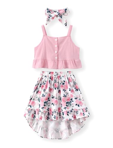PATPAT Girls 2 Pieces Skirt Set Solid Color Tank Top and Floral Print Skirt Outfits Summer Clothes Sets for Girls, 4-5 Years
