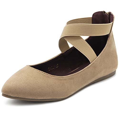 Ollio Women's Faux Suede Elastic Ankle Strap Pointed Toe Ballet Flats F167 (6.5 B(M) US, Beige)