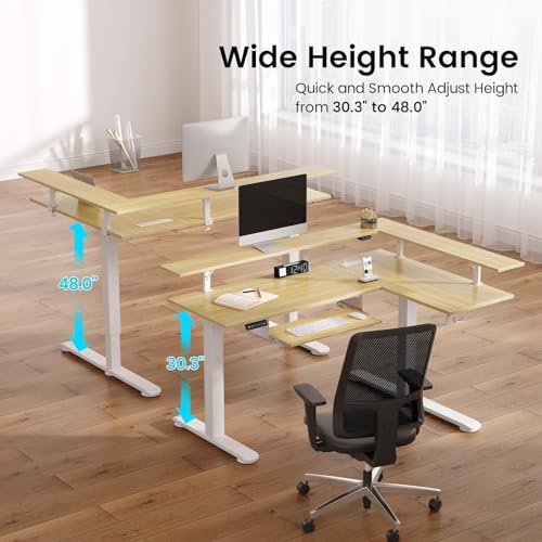 Rolanstar L Shaped Standing Desk with LED Light and Power Outlet, Dual Motor Height Adjustable Electric Standing Desk with Monitor Stand & Keyboard Tray, 61.2" Sit Stand Desk Black