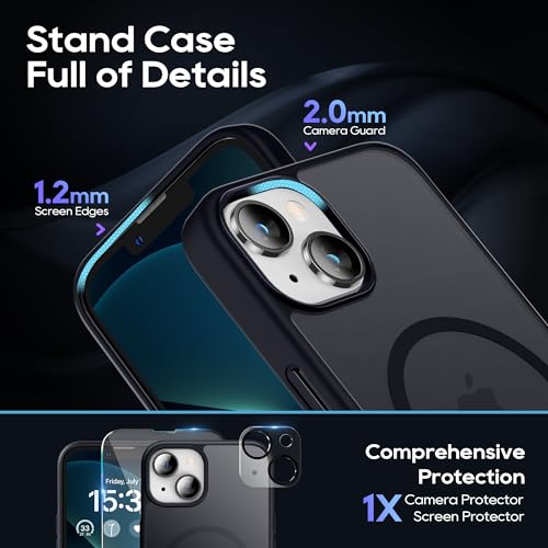 Niunisi Magnetic Case for iPhone 13 Case 6.1-Inch, Slim Kickstand with Screen Protector Compatible with Magsafe Shockproof Translucent Matte Cases Phone Case Cover, Black