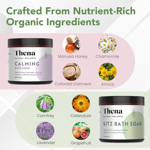 Thena Organic Sitz Bath Soak & Calming Soak Bundle | 100% Natural & Gentle with Colloidal Oatmeal Manuka Honey Soothe Dry Skin Natural Eczema Skin Therapy Postpartum Essentials